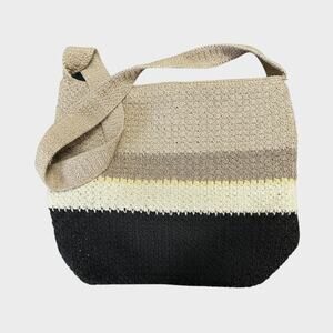 Liz Claiborne Crochet Knit Shoulder Bag Purse Striped Nylon Black Beige Tan